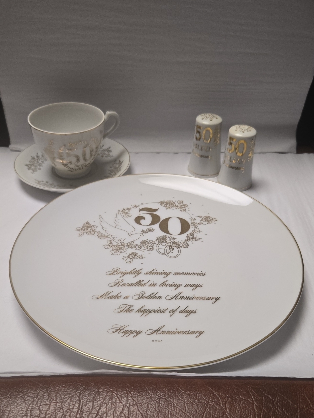 Golden 50th Anniversary Porcelain Plate, S&P, Cup/Saucer
